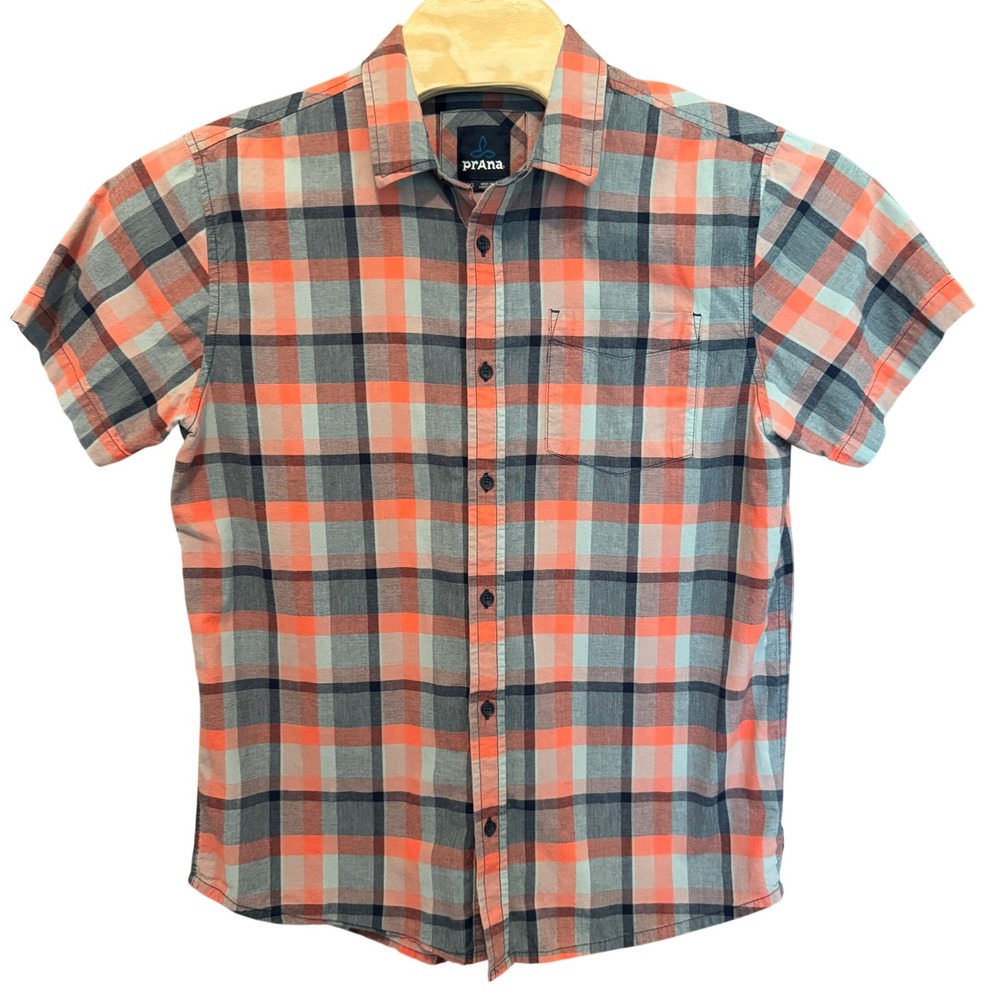Prana Plaid Button Down Shirt L Organic Cotton Short Sleeve Lightweight Outdoors